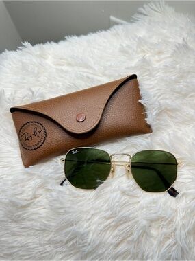 Ray-Ban Gold Frame Sunglasses with Green Lenses Hexagon 3548 Brand New Case Box